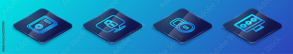 Set Isometric line Lock, Safe, Monitor with password and icon. Vector Set Isometric line Lock, Safe, Monitor with password and icon. Vector