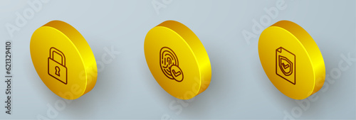 Set Isometric line Lock, Fingerprint and Contract with shield icon. Vector