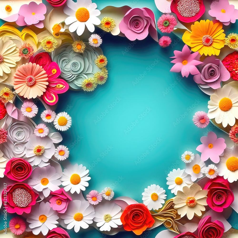 Multicolored paper flowers abstract background with copy space.