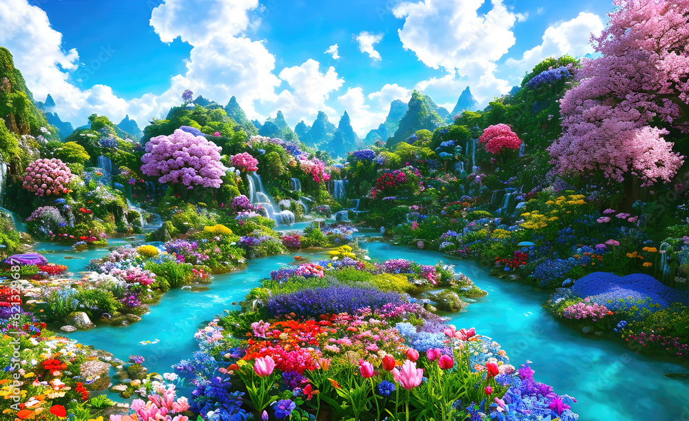 Paradise land with beautiful  gardens, waterfalls and flowers, magical idyllic background with many flowers in eden. - obrazy, fototapety, plakaty 