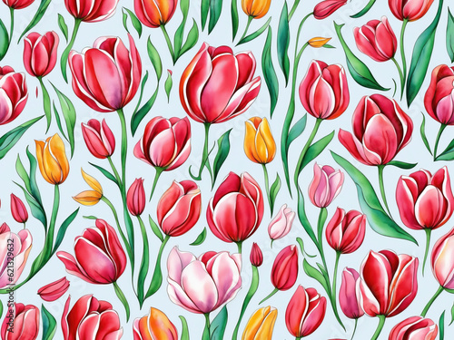 Tulip flowers seamless pattern background  vintage style illustration.