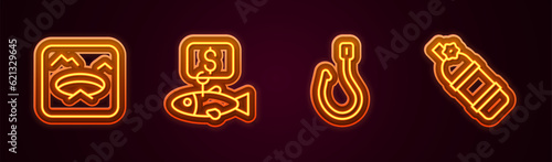 Set line Winter fishing, Price tag for, Fishing hook and Aqualung. Glowing neon icon. Vector