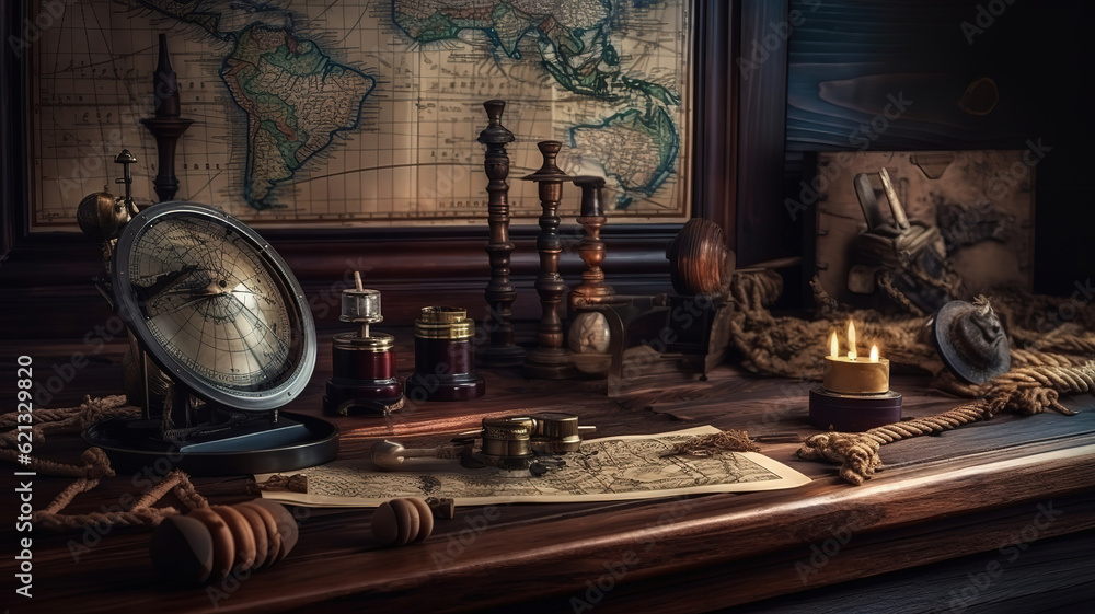 Old maps with marine equipment like compass, magnifier. Generative Ai