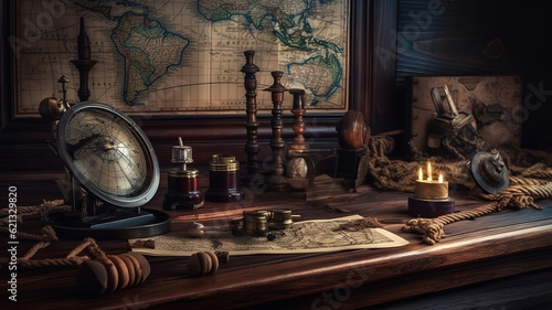 Old maps with marine equipment like compass, magnifier. Generative Ai