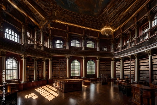 A grand library with ornate architecture, high ceilings, and rows upon rows of antique books, evoking a sense of history and intellectual curiosity