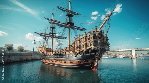 Galeon Andalucia, reproduction of a 17th century Spanish galleon in Valencia during . Generative Ai