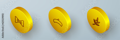 Set Isometric line Macaroni, French beret and Olives branch icon. Vector
