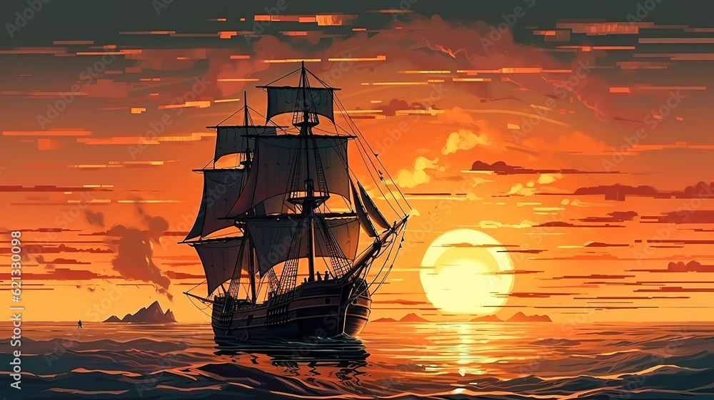 Sunset Pirate Ship Ocean Fantasy. Generative Ai