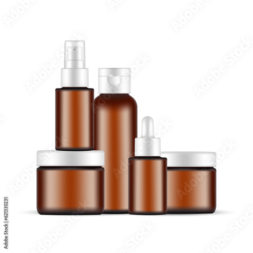Amber Cosmetic Packaging Mockup: Jars, Dropper, Spray, Flip Cap Bottle. Vector illustration