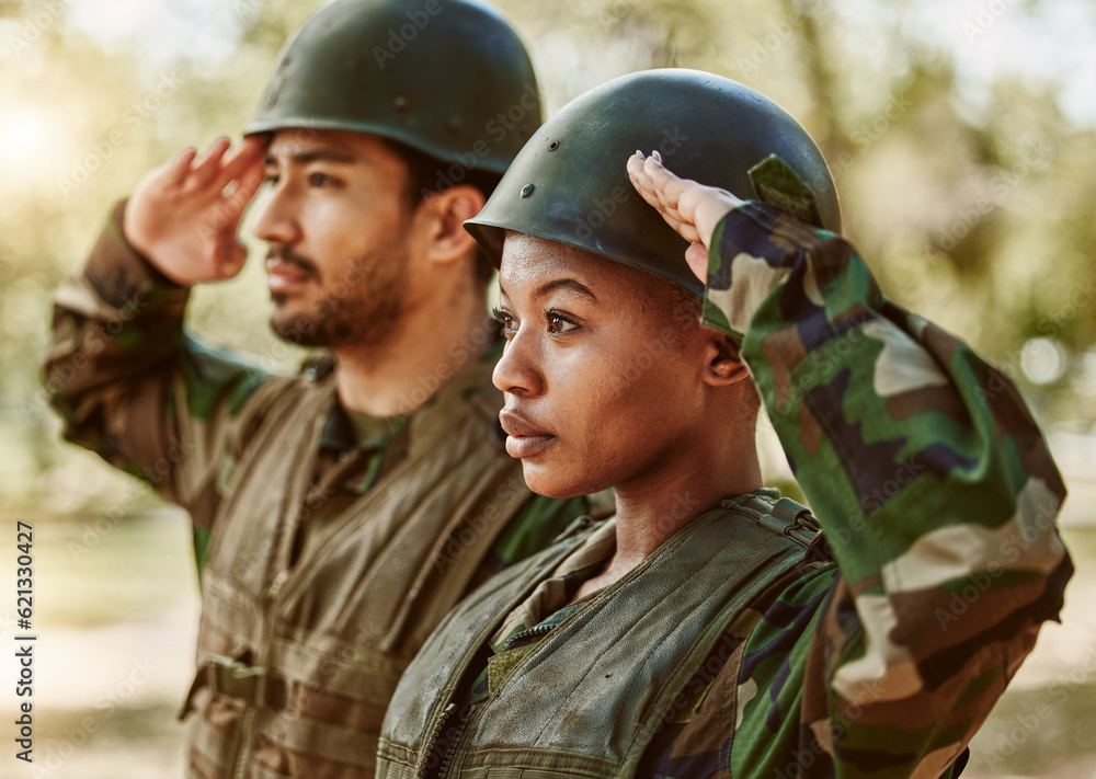 Fototapeta premium Soldier, military and people salute in nature for service, protection and battle outdoors. War training, national army and man and woman in position for veteran honor, greeting and official duty