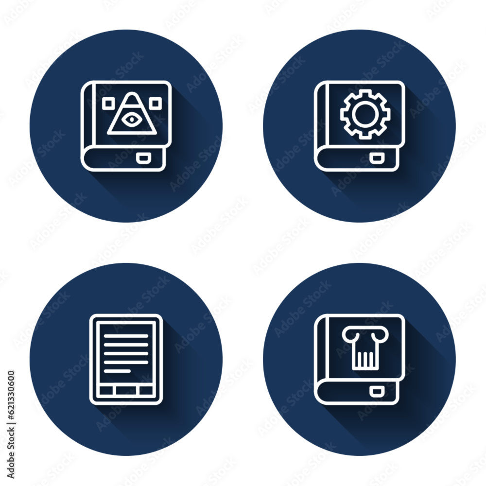 Set line Ancient magic book, User manual, E-Book reader and History with long shadow. Blue circle button. Vector Set line Ancient magic book, User manual, E-Book reader and History with long shadow. Blue circle button. Vector