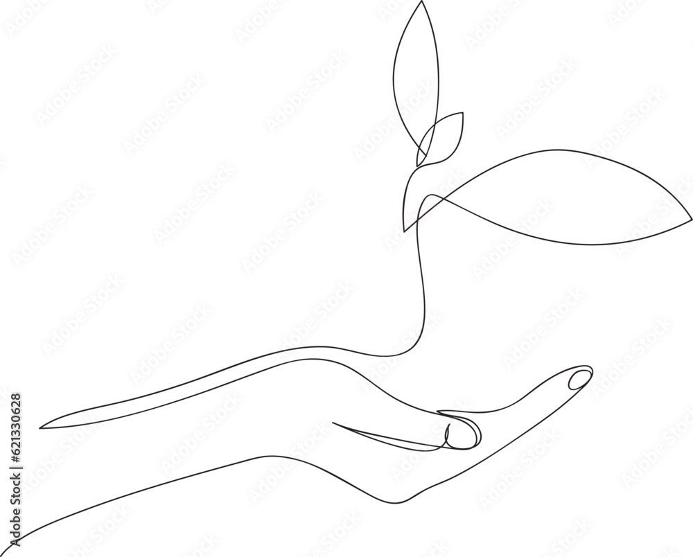 Single continuous lineart, growing sprout in hand. Plant leaves. vector illustration Single continuous lineart, growing sprout in hand. Plant leaves. vector illustration