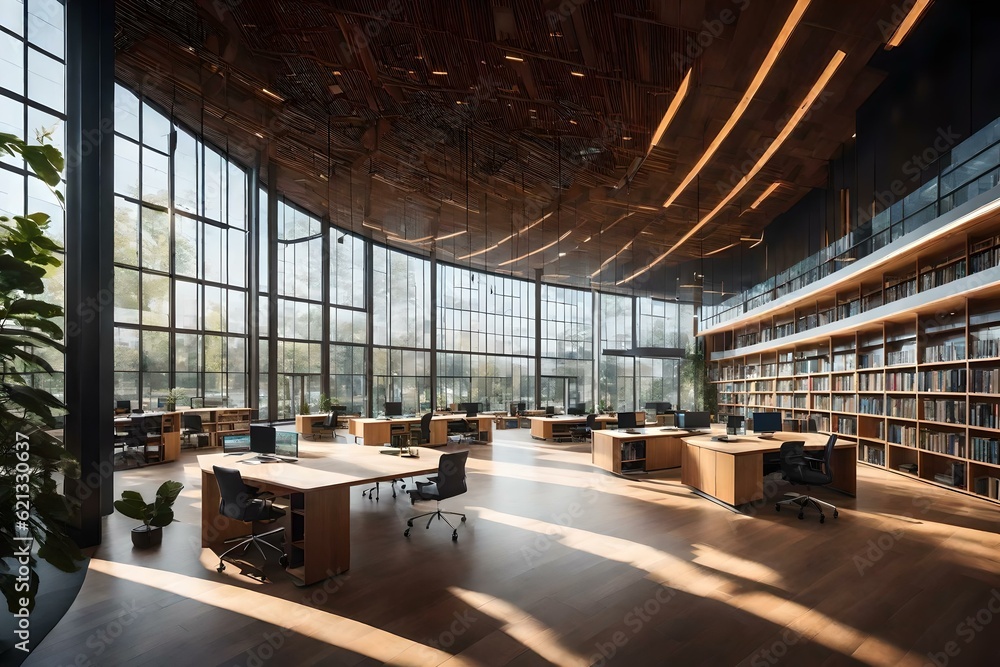 A modern library with sleek bookcases, comfortable study desks, and large windows allowing natural light to illuminate the space, promoting a productive learning environment