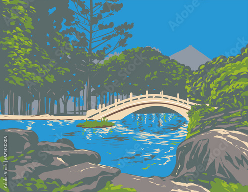 WPA poster art of arch bridge of Guanghua Pool at National Chiang Kai-shek Memorial Hall, Zhongzheng District, Taipei City Taiwan done in works project administration or Art Deco style.