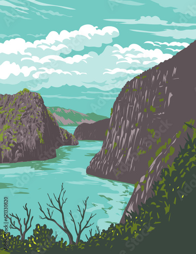 WPA poster art of Coron Island Cove view half way to Kayangan Lake in the Calamian Islands in northern Palawan in the Philippines done in works project administration or Art Deco style.
