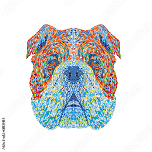 Pointillist, Impressionist or pop art style illustration of head of an English Bulldog or British Bulldog viewed from front on isolated background in retro dot art style. photo