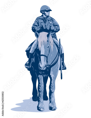 WPA poster art of a horse mounted patrol police officer viewed from front done in works project administration or art deco style.
