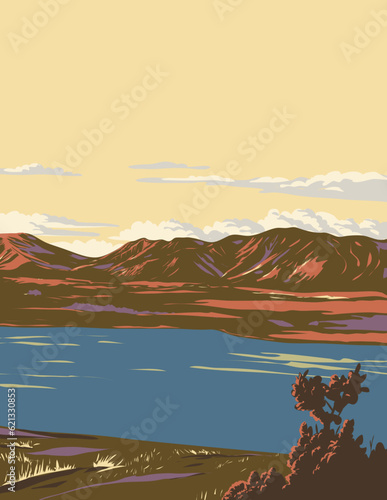 WPA poster art of Lake Tekapo running north to south along the northern edge of the Mackenzie Basin in the South Island of New Zealand done in works project administration or Art Deco style. photo