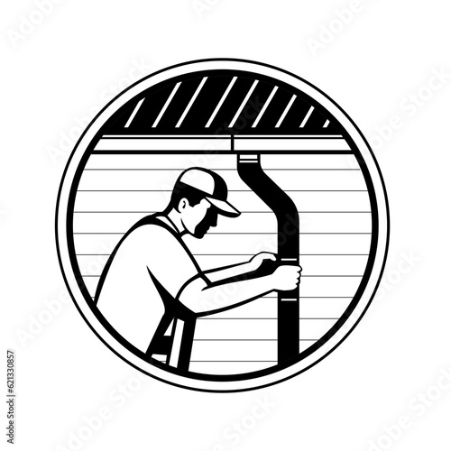 Retro style illustration of a roof plumber or roof contractor installing gutters, downpipes on a residential house or commercial buildings inside circle on isolated background done in black and white.