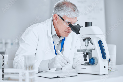 Microscope, healthcare and research with old man in laboratory for pharmacy, medical and vaccine. Chemistry, science and medicine with scientist and study for solution, development and sample results