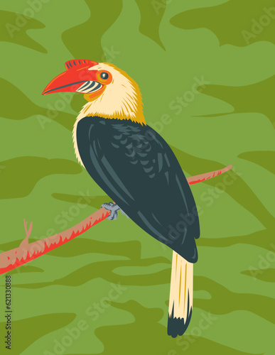 WPA poster art of the Mindanao Wrinkled Hornbill Aceros leucocephalus Writhed Hornbill endemic to Mindanao, Dinagat and Camiguin Sur Philippines done in works project administration or art deco style.
