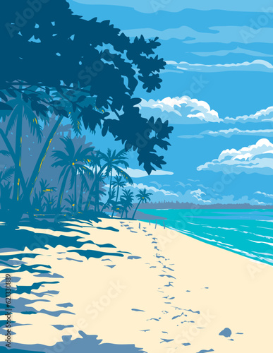 WPA poster art of unspoiled white sand beach in Santa Fe located in Bantayan Island, Cebu in the Visayan Sea, Philippines done in works project administration or Art Deco style.