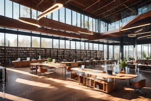 A modern library with sleek bookcases  comfortable study desks  and large windows allowing natural light to illuminate the space  promoting a productive learning environment