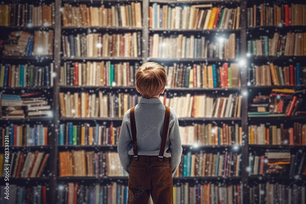 Kid standing in a magic library with many books. Learning and education concept Kid standing in a magic library with many books. Learning and education concept
