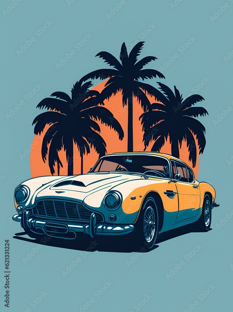artwork of t-shirt graphic design, flat design of one retro car , Miami street