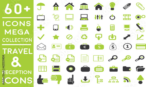 set of icons | premium hotel service and travel flight icon pack with addition Normal Routine signs 60 plus icon pack in Green Nature vibes