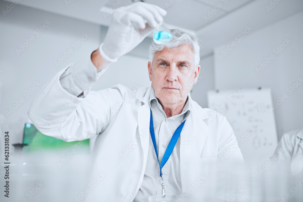 Laboratory, scientist with liquid solution checking results of medical study and pharmaceutical research. Healthcare, experiment and senior man in lab studying vaccine development or drugs for future