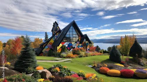 Modern colorful houses or hotel in small village with flowers in the mountain landscape. Generative AI, Generative, AI