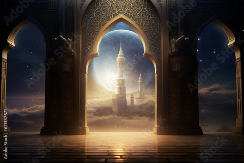 doors opening to a mosque tower with shining