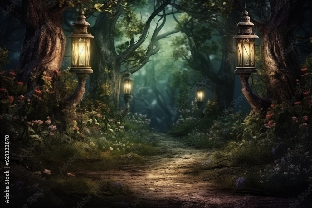 Fantasy background of wlak way in enchanted forest