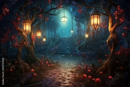 Fantasy background of wlak way in enchanted forest photo
