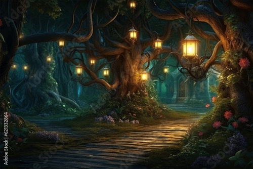 Fantasy background of wlak way in enchanted forest photo