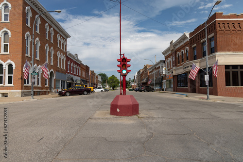Antique stoplight in downtown Toledo, Iowa.