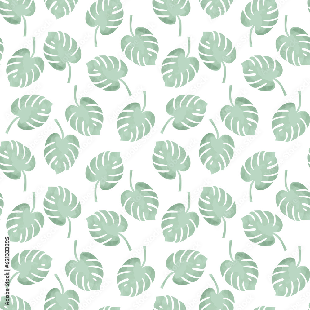 Watercolor monstera leaves seamless pattern. Tropical foliage art background vector illustration.