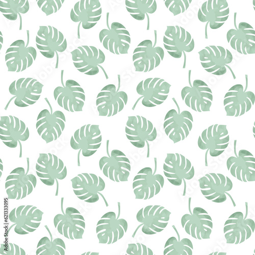 Watercolor monstera leaves seamless pattern. Tropical foliage art background vector illustration.