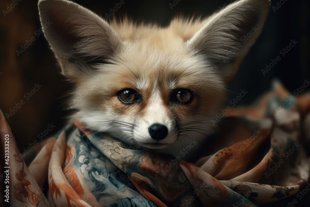 Fox dressed in a patterned silk scar. AI generated