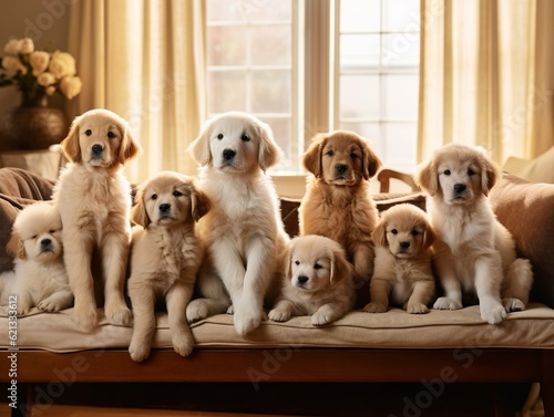 The image showcases a litter of adorable puppy siblings gathered together in a cozy, sunlit room. The puppies are various breeds, each exhibiting their own unique characteristics.