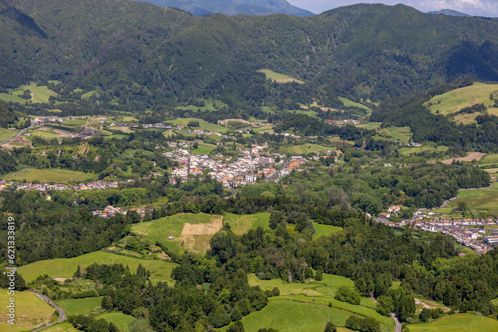 Aerial view of the beautiful parish of Furnas in the island of Sao Miguel in the Azores