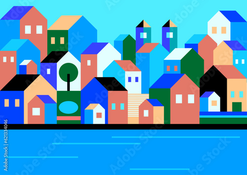 Beautiful background with houses. Seamless pattern with town houses. Vector background with cartoon town. Town pattern with cute colorful houses
