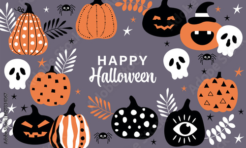 Set of halloween cute pumpkins. Autumn background. Vector illustration with autumn leaves and pumpkin, scull