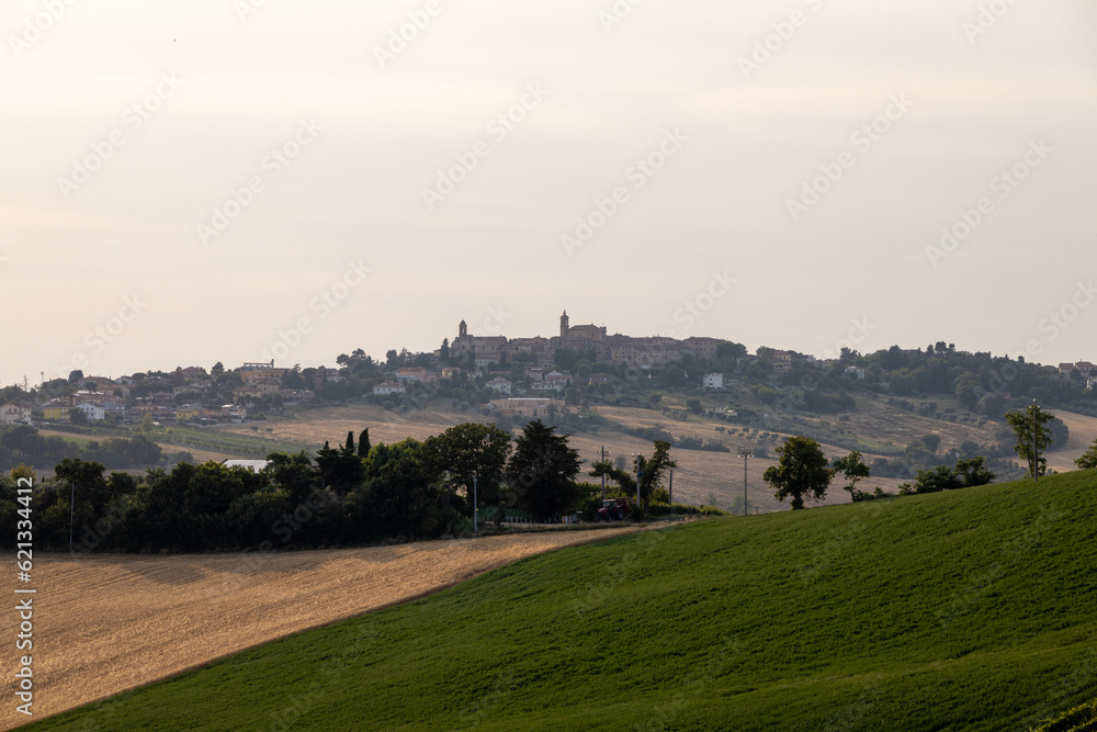 View of Belvedere Ostrense and countryside, Marche Region, Italy.