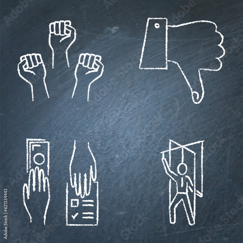 Corruption and unfair election chalkboard icon set