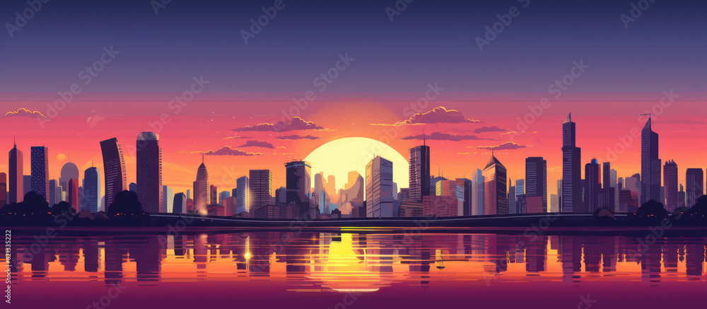 City Sunrise: Modern Skyscrapers Panorama [Created with Generative AI Technology]