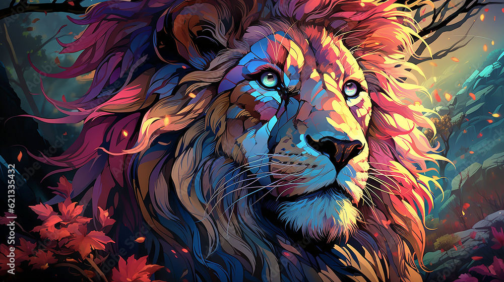blacklight type painting of abstract lion illustration generative ai