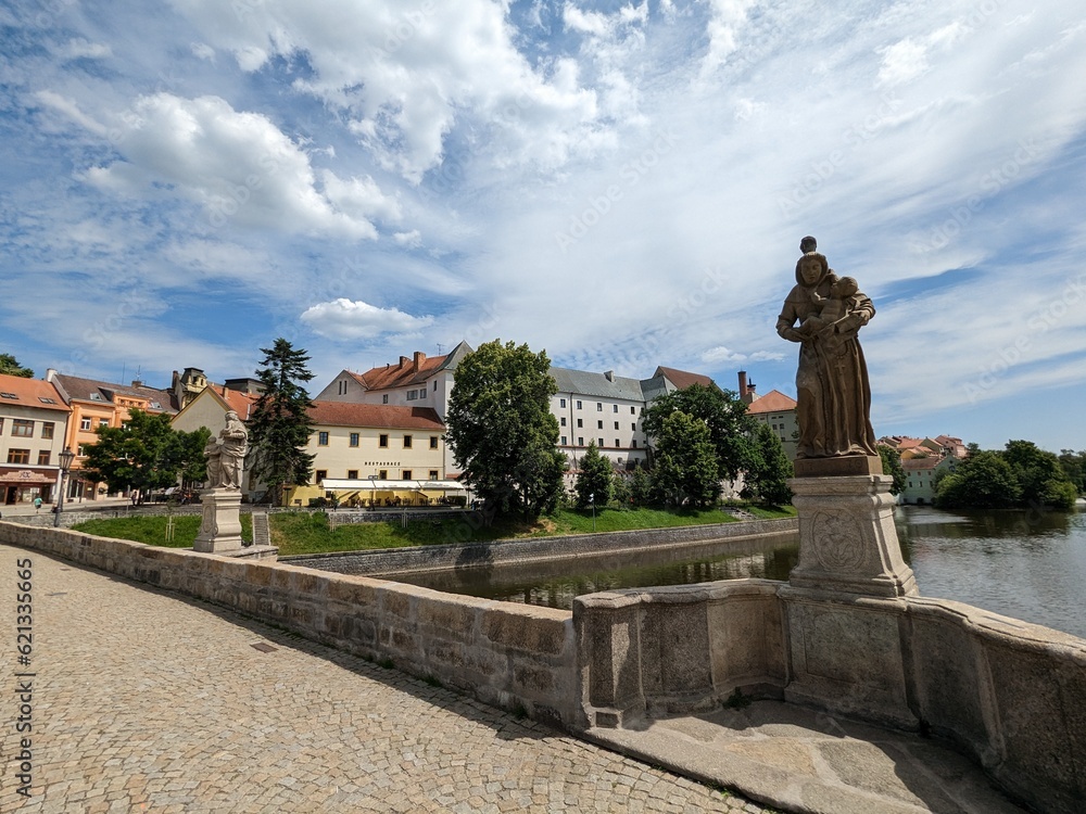 The Pisek Stone Bridge is the oldest preserved early Gothic bridge in the Czech Republic.Pisek town in south Bohemia,historical bridge over Otava river,scenic panorama landscape view