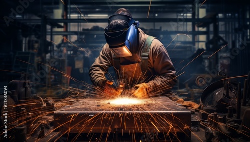 Skilled Worker Creating Sparks in a Vibrant Welding Shop, Generative AI